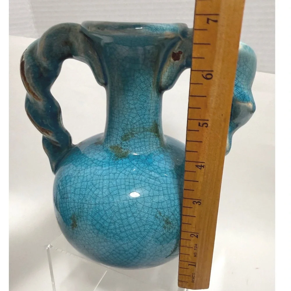 Turquoise Crackle Glaze Amphora Vase Twisted Handles Mediterranean Decor 7